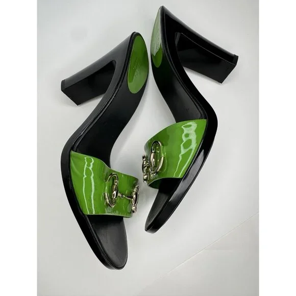 Gucci Horsebit Size 9,5/40 Green Patent Leather Heel Sandal - Picture 4 of 16